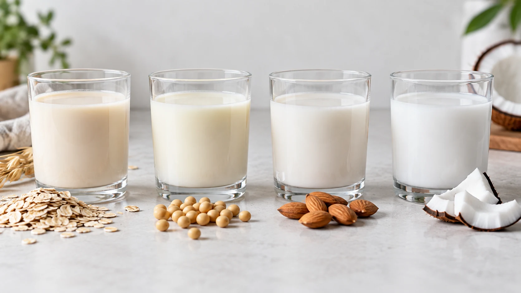 Four unbranded glasses of oat, soy, almond, and coconut beverages with source ingredients nearby.