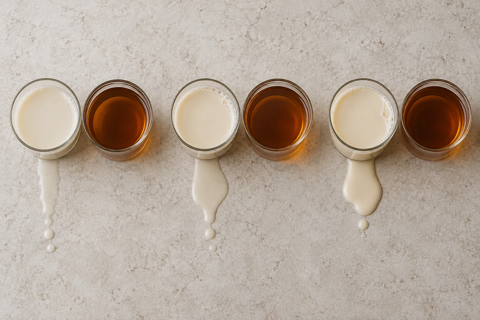 Three unbranded oat beverages with visibly light, medium, and rich body beside equal tea samples.