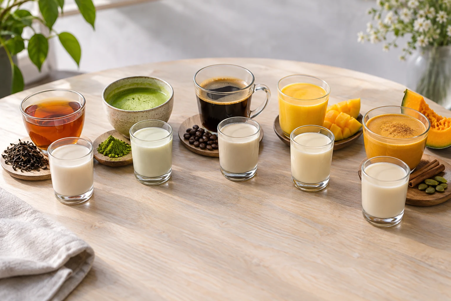 Small test portions pairing plant beverages with black tea, matcha, coffee, mango, and pumpkin bases.