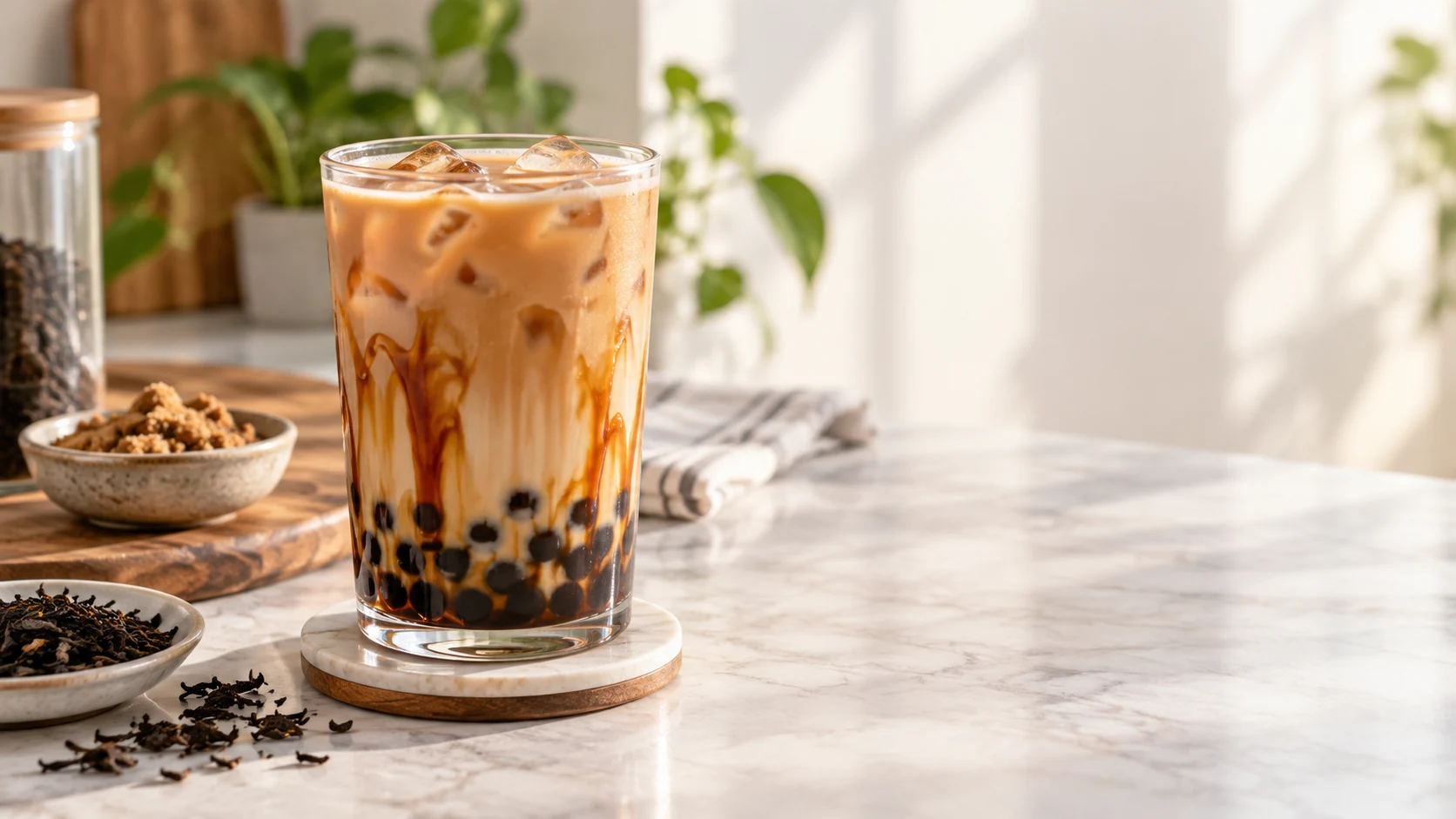Brown sugar milk tea with restrained syrup streaks and clearly visible tea-toned milk.