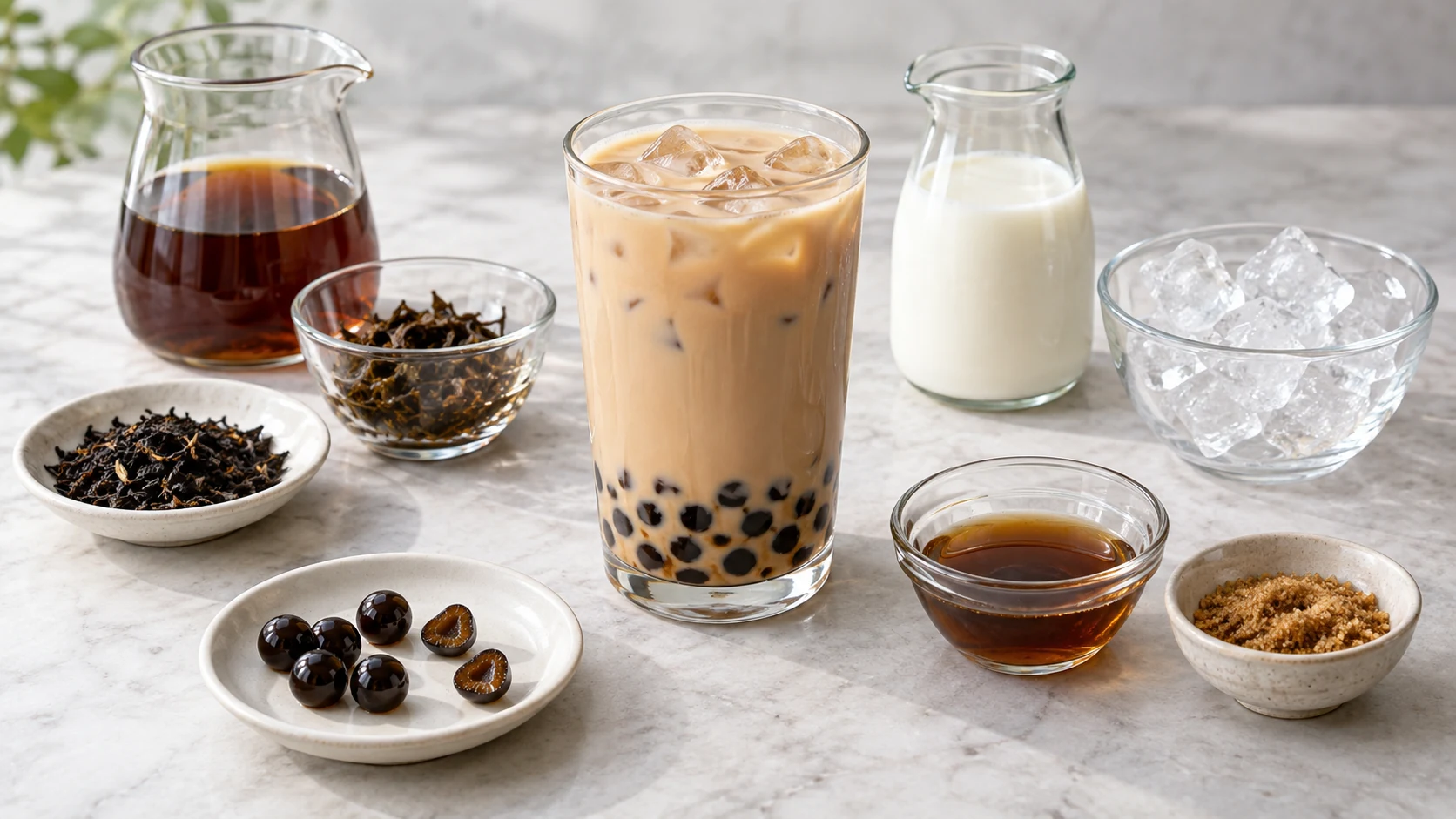 A finished bubble tea surrounded by separated tea, milk, ice, and cut pearls for inspection.