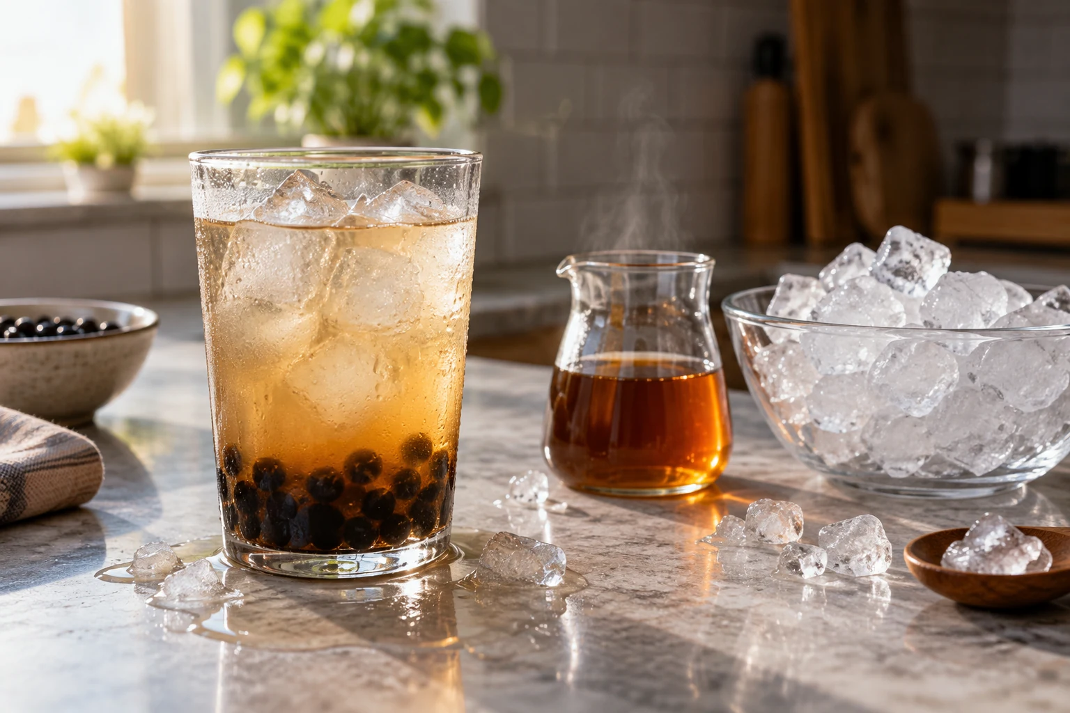 Partly melted iced tea beside still-warm concentrate and a bowl of excess ice.