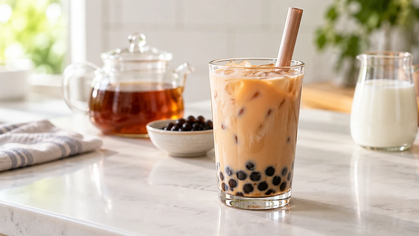 One clean classic milk tea with moderate pearls and ice.