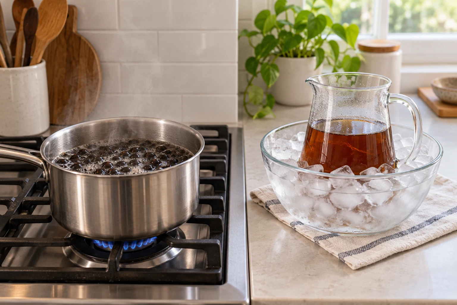 Cooling tea in an ice bath beside a saucepan of simmering pearls and two simple timers.