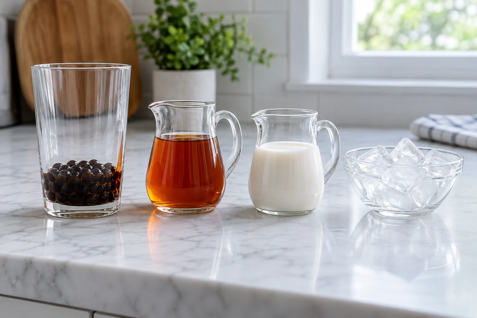 Pearls in the base of a glass, cooled tea and cold milk in separate pitchers, ice waiting last.