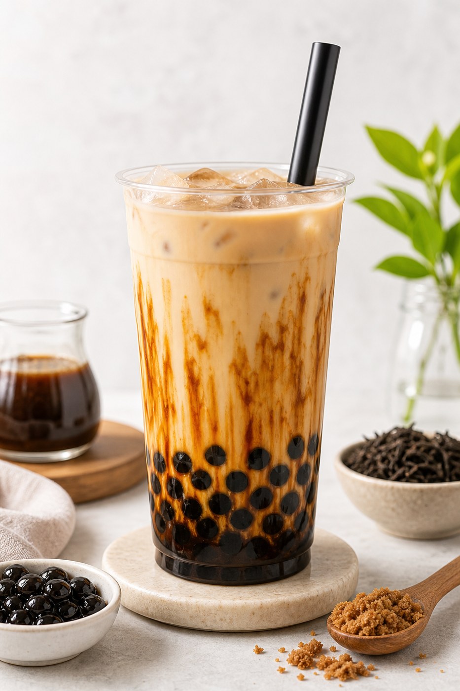 Layered brown sugar milk tea with boba pearls
