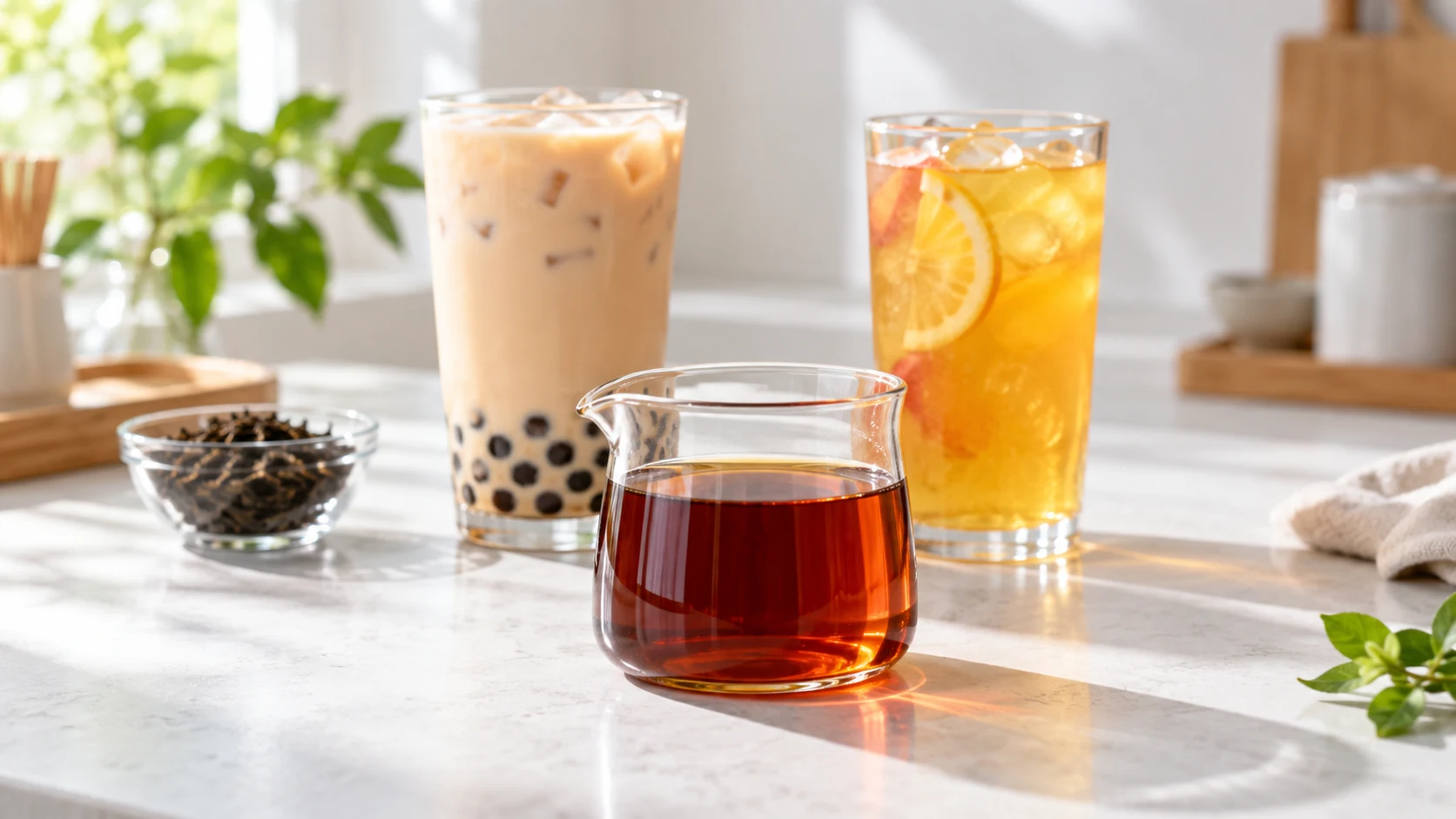Amber tea concentrate beside a finished iced milk tea and fruit tea.