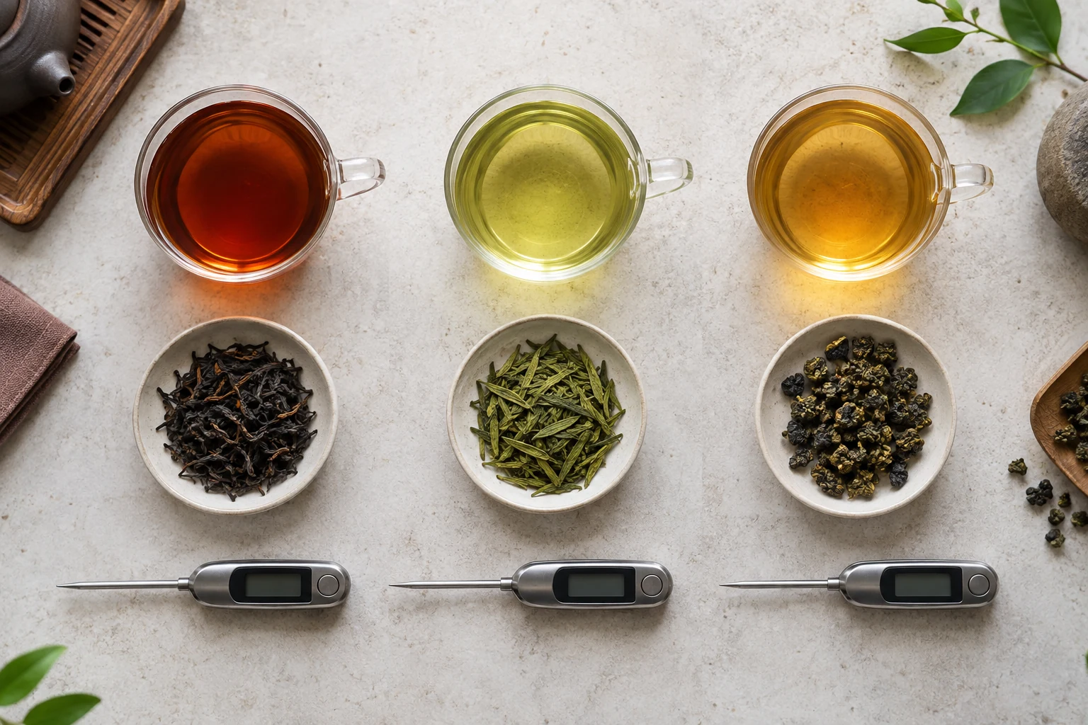 Black, green, and oolong tea stations with different leaf colors and water thermometers.
