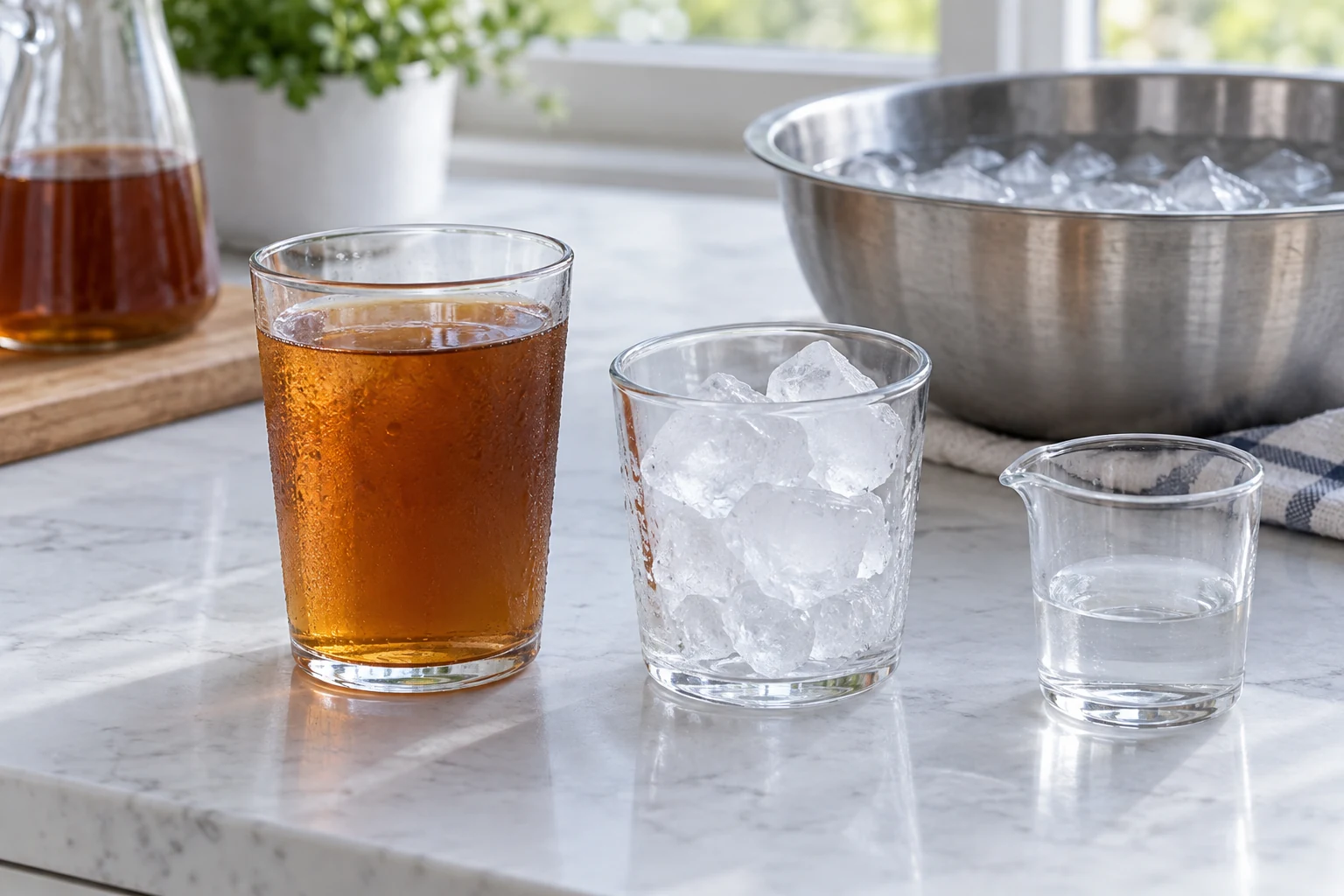 Cooled tea, measured ice, and a separate small vessel of meltwater.
