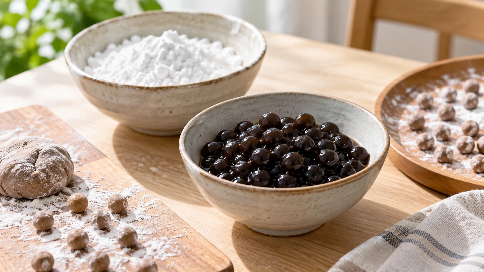 A small bowl of finished homemade pearls beside tapioca starch, a tiny dough portion, and simple tools.