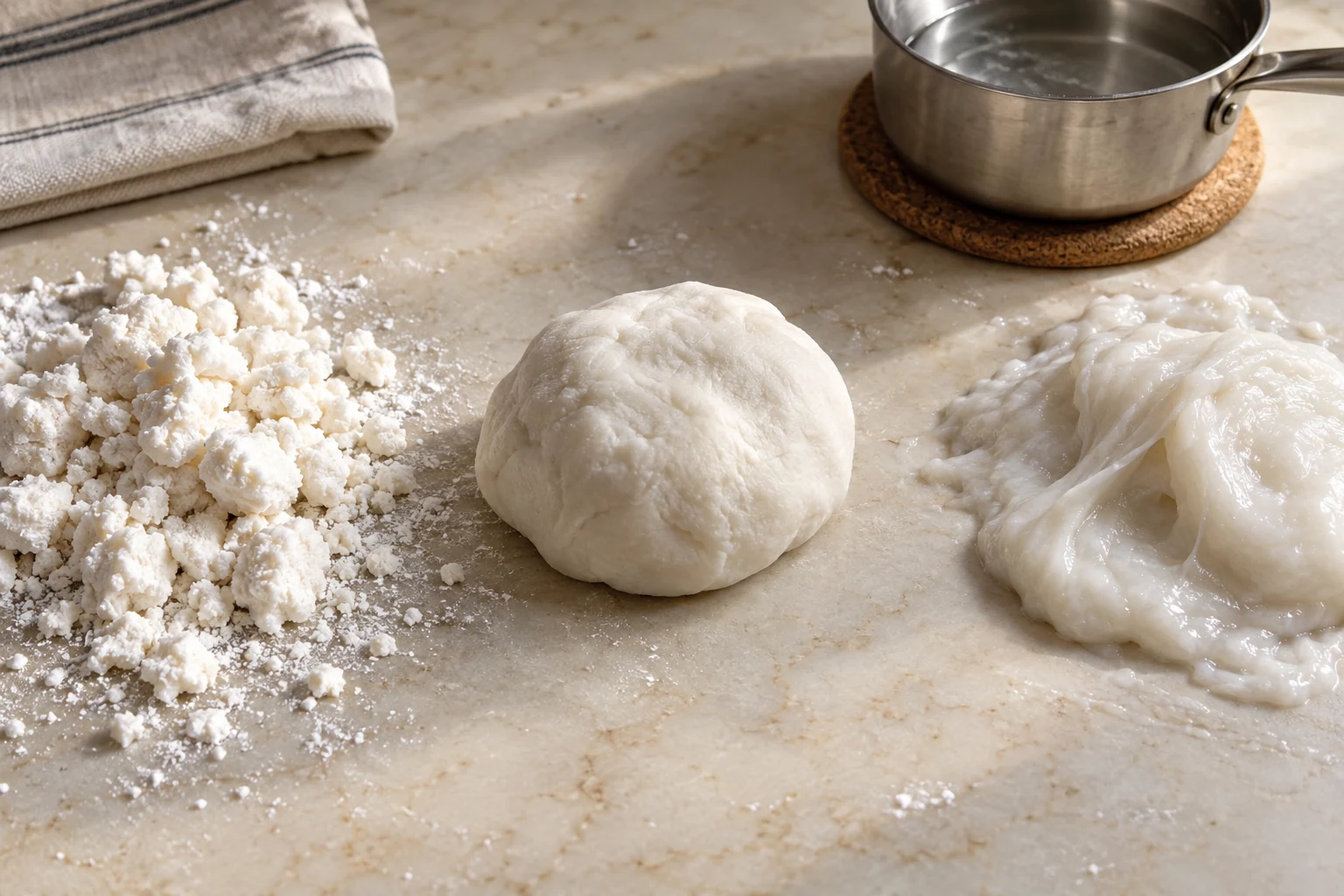 Three small dough samples: crumbly, workable, and gluey, with boiling-water vessel nearby.