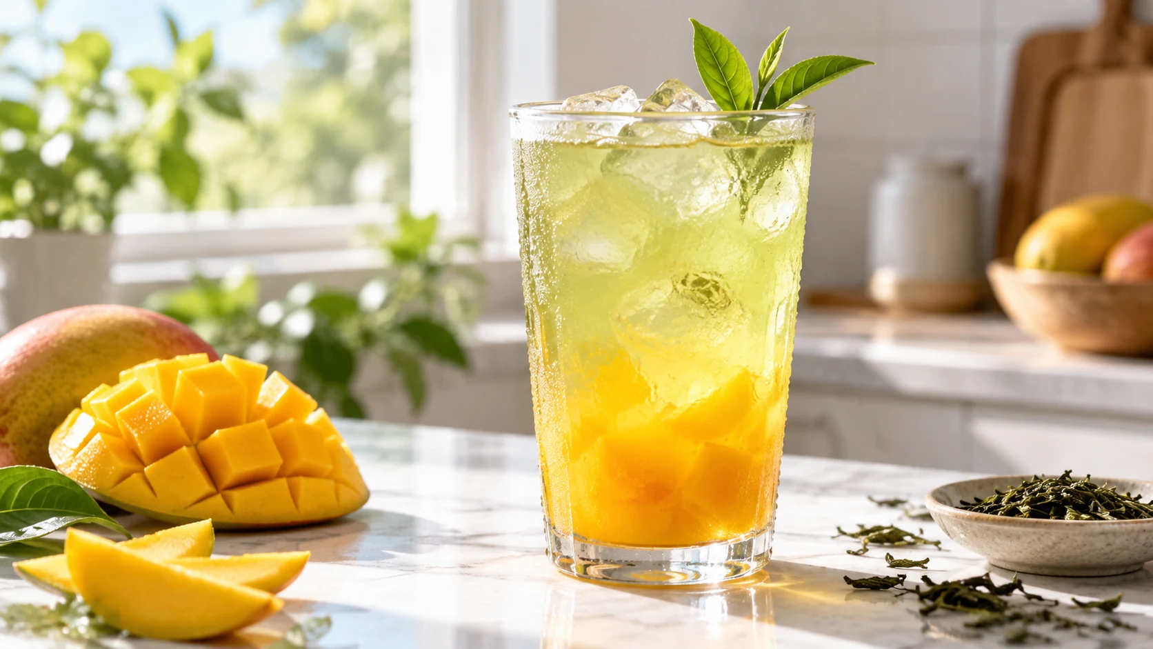 Translucent mango green tea with a soft golden fruit layer and pale green tea body.