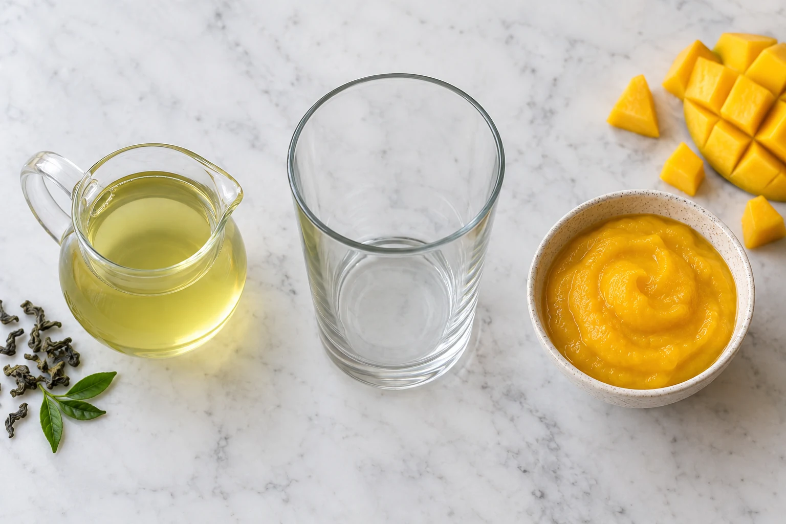 A small pitcher of cooled green tea and a measured bowl of mango puree beside an empty mixing glass.