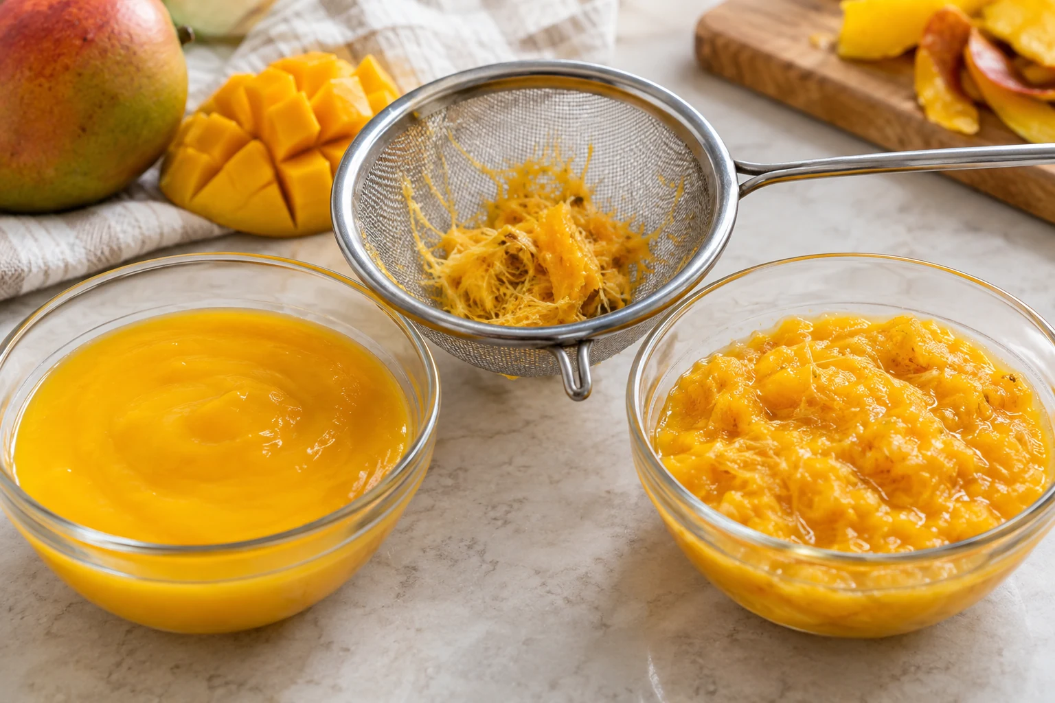 Fine-mesh strainer with mango fiber beside two small samples of smooth and pulpy puree.