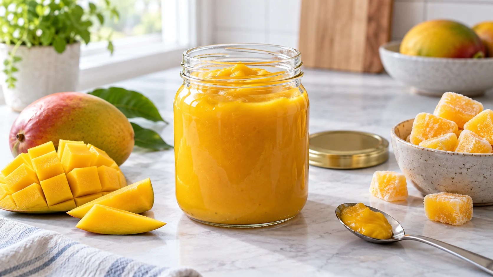 A clean jar of golden mango puree with fresh and frozen mango portions and a serving spoon.
