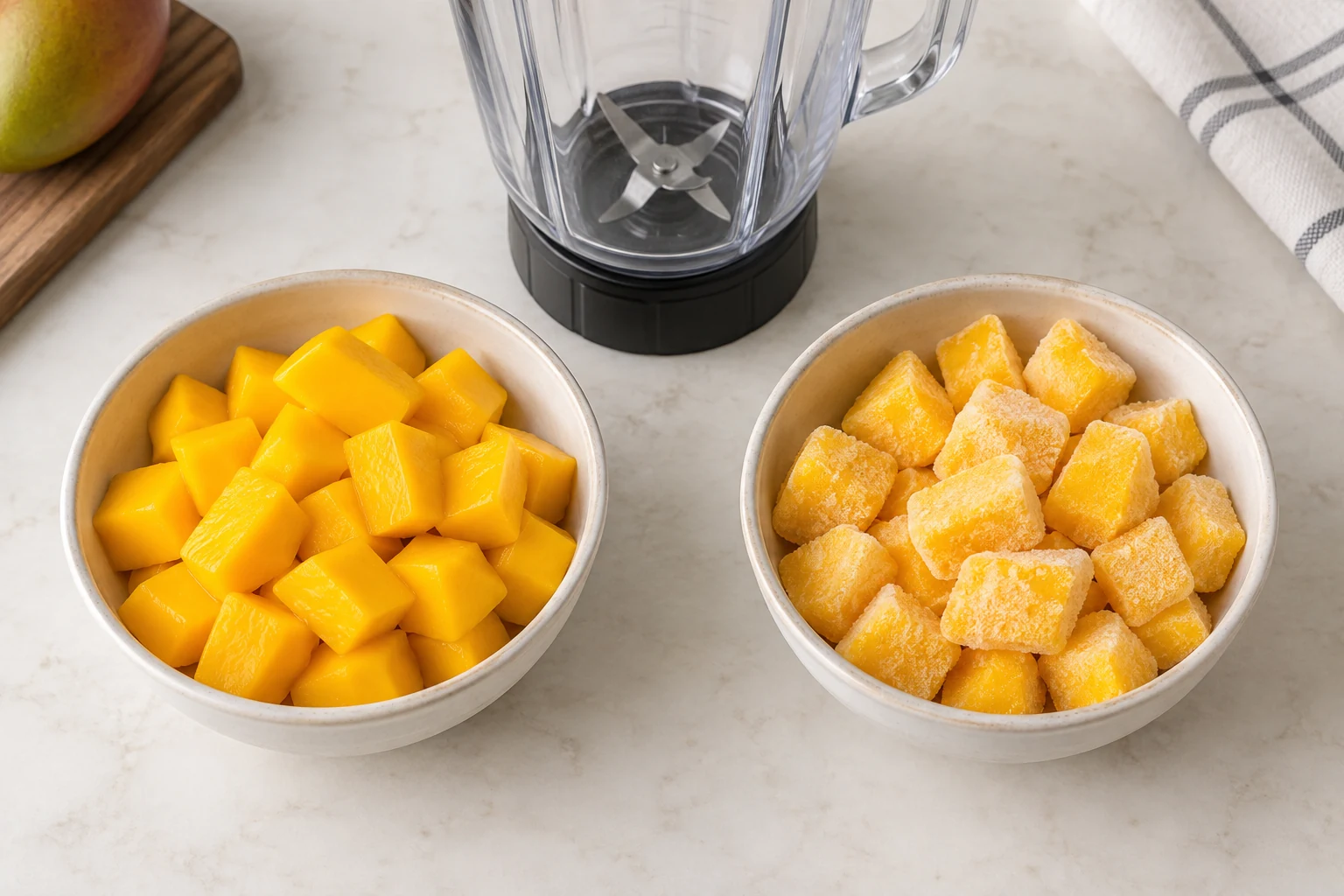 Ripe fresh mango cubes and thawing frozen mango pieces in equal bowls with one blender jar behind.