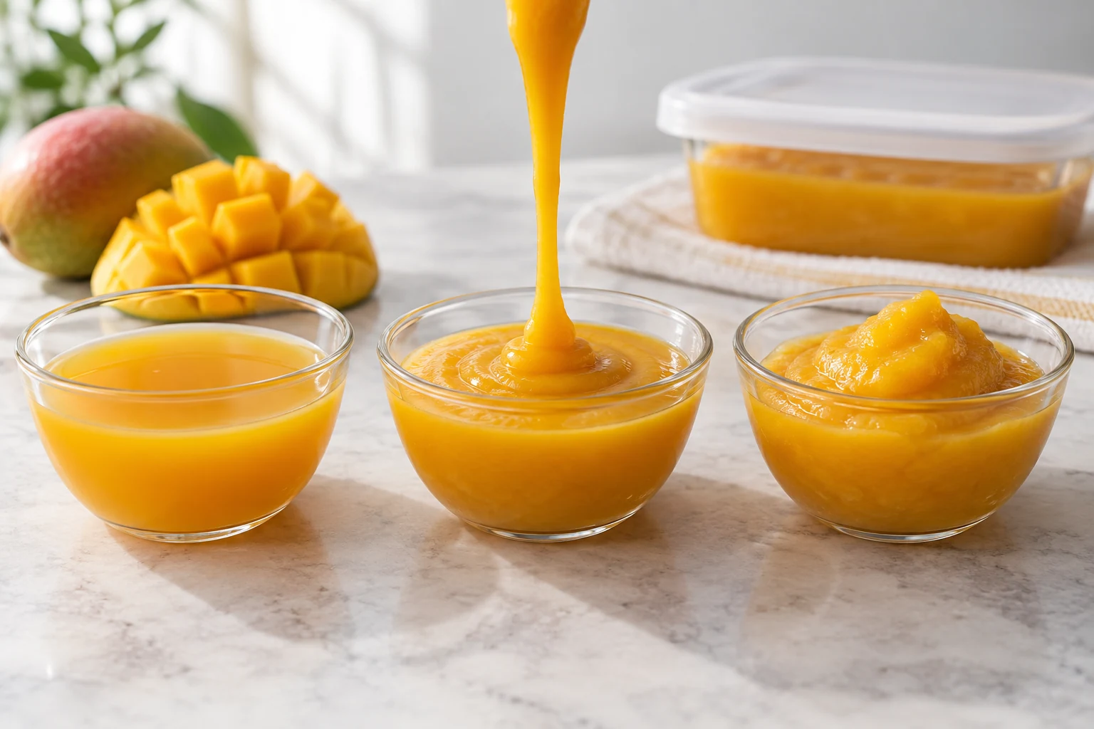 Three small clear vessels showing thin nectar, slow-ribbon puree, and spoonable puree.