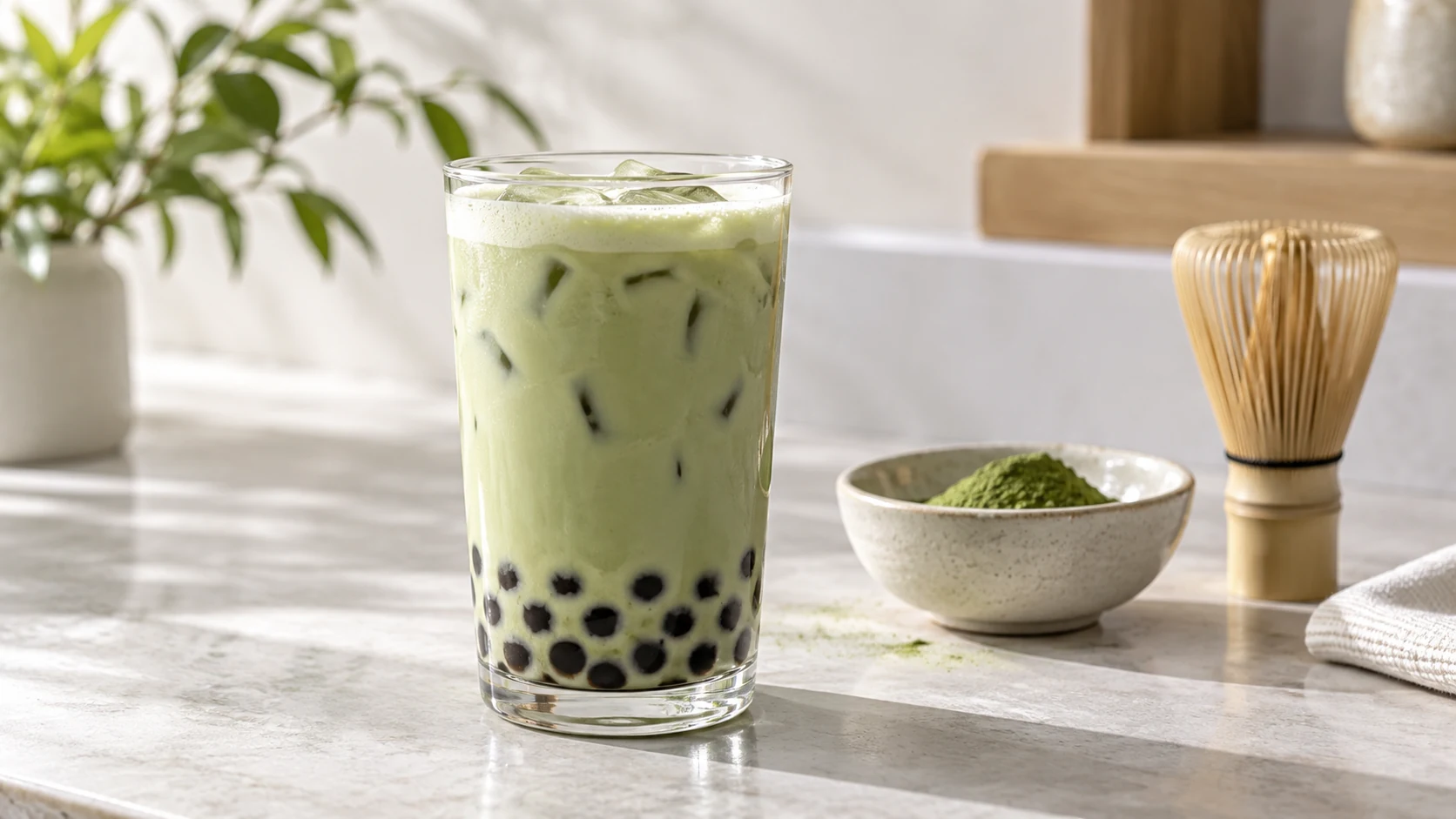 Pale green matcha latte over dark pearls with a small bowl of sifted matcha nearby.