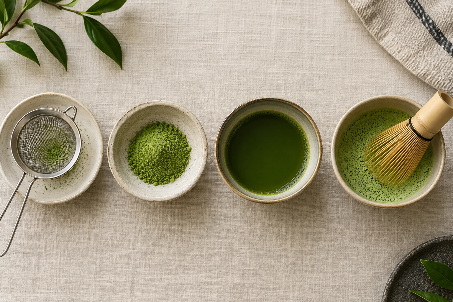 Sieve, fine matcha powder, warm-water concentrate, and whisk arranged as sequential states.