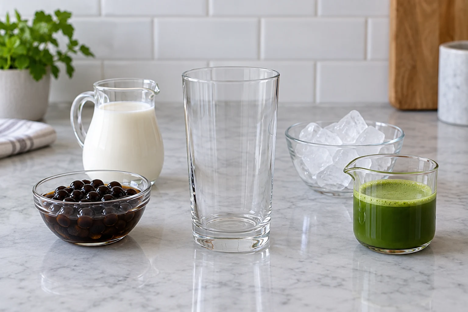 Pearls, cold milk, measured ice, and a small pitcher of smooth matcha concentrate around one serving glass.