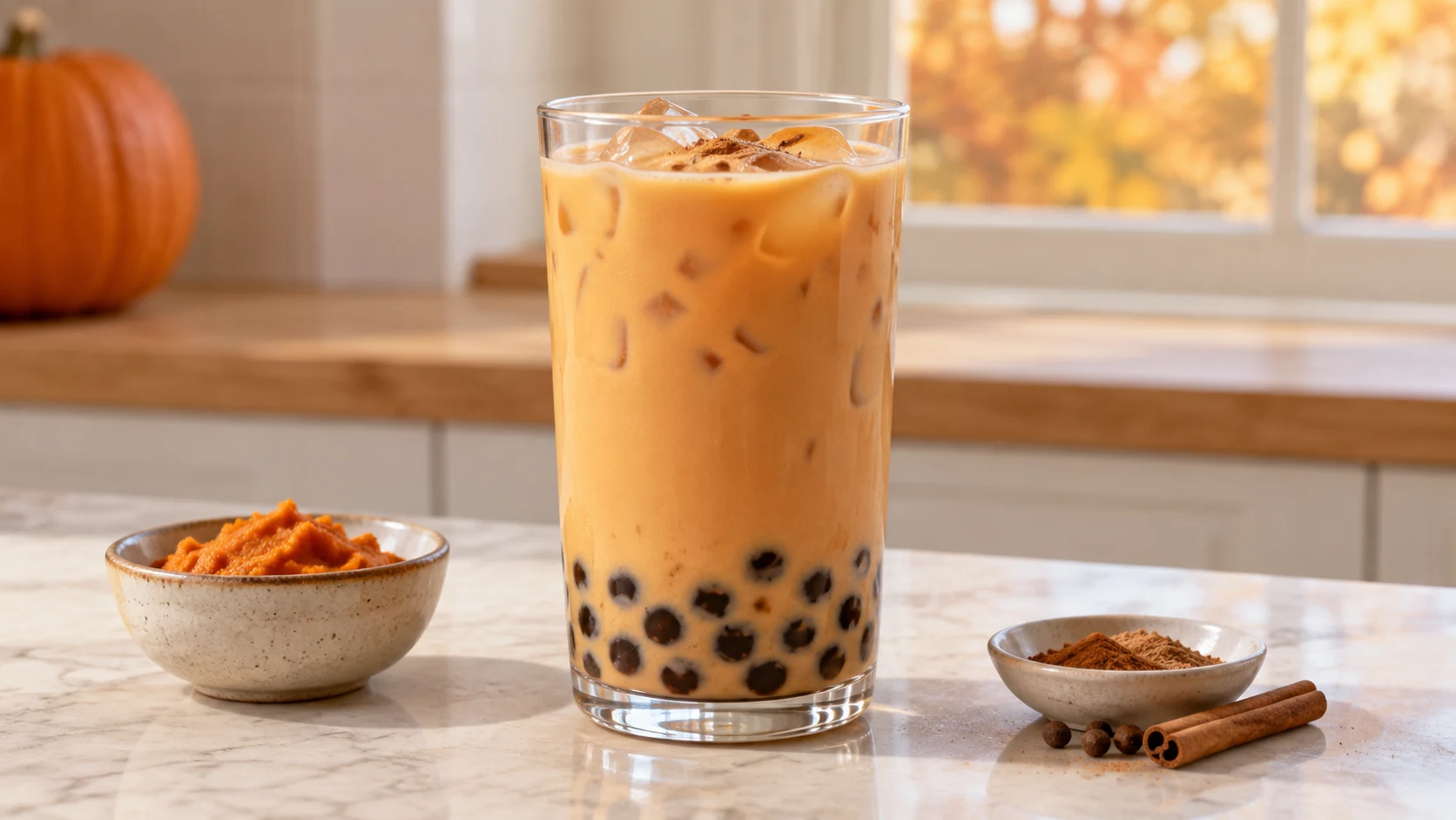 Soft orange pumpkin spice milk tea with dark pearls and minimal spice dusting.