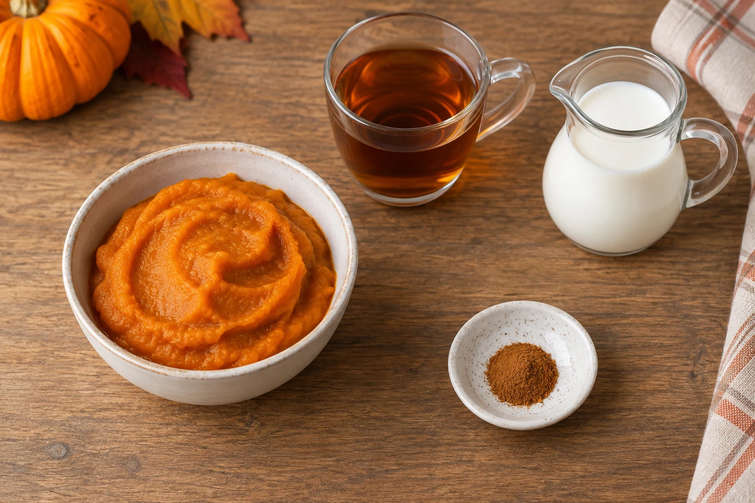 Measured plain pumpkin puree in one bowl and a tiny spice portion in another, with tea and milk behind.