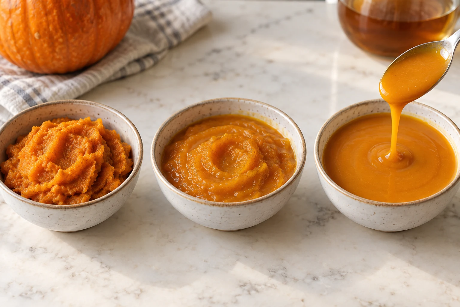 Three small bowls showing puree, tea-loosened paste, and smooth pourable pumpkin base.