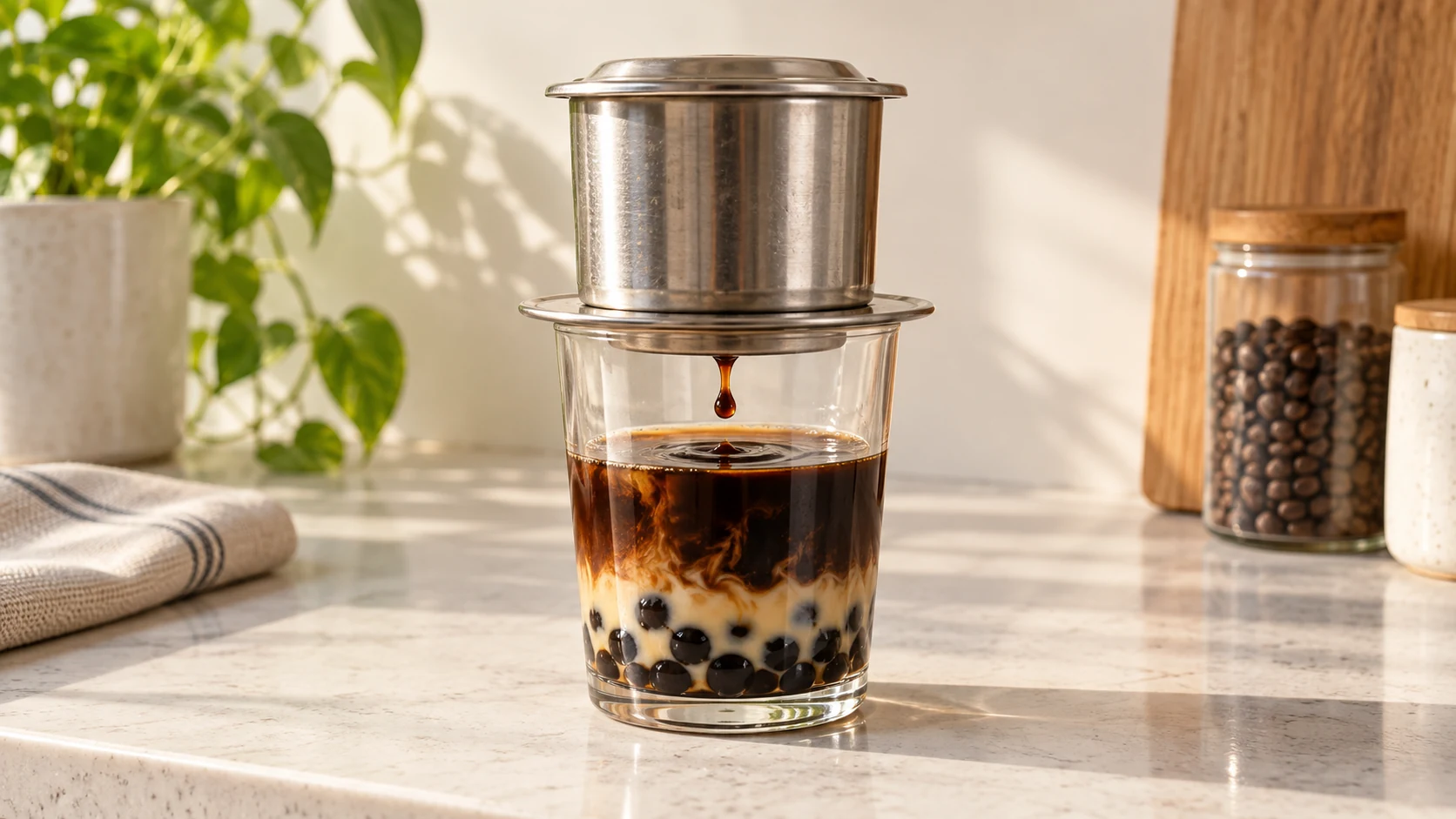 A metal phin dripping concentrated coffee above a boba glass with condensed milk at the base.