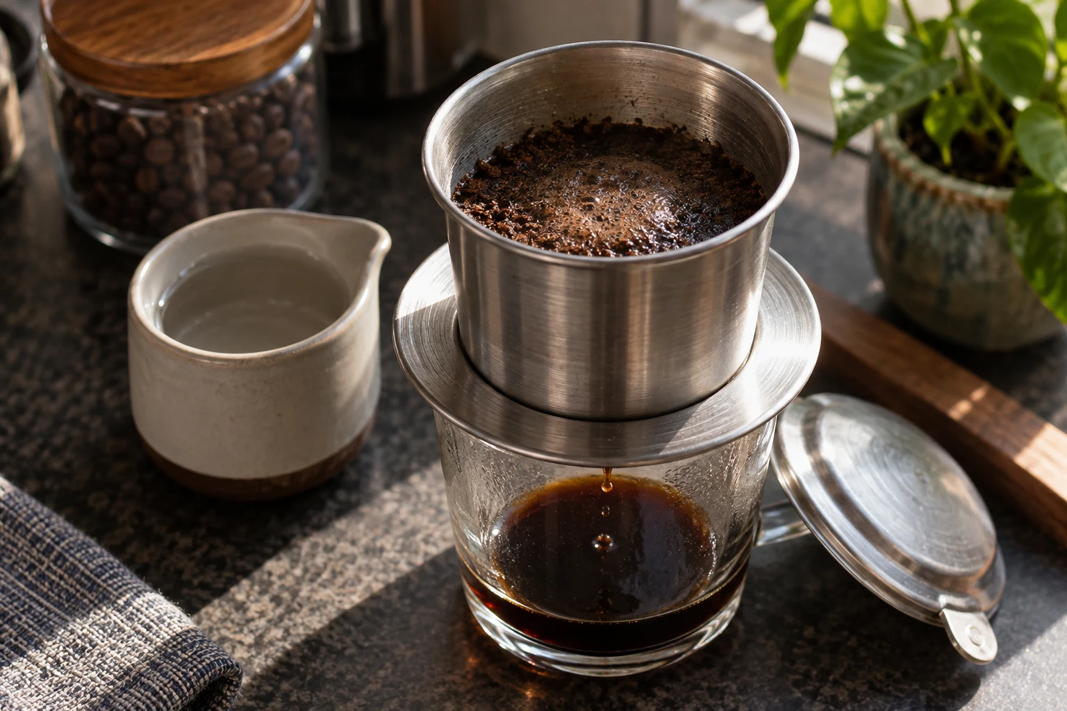 Open phin with level coffee bed, small bloom water vessel, and collected first drops.