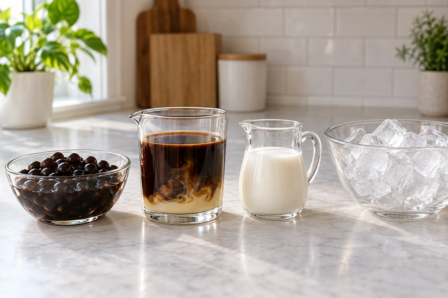 Prepared pearls, mixed coffee and condensed milk, optional plain milk, and ice staged in order.