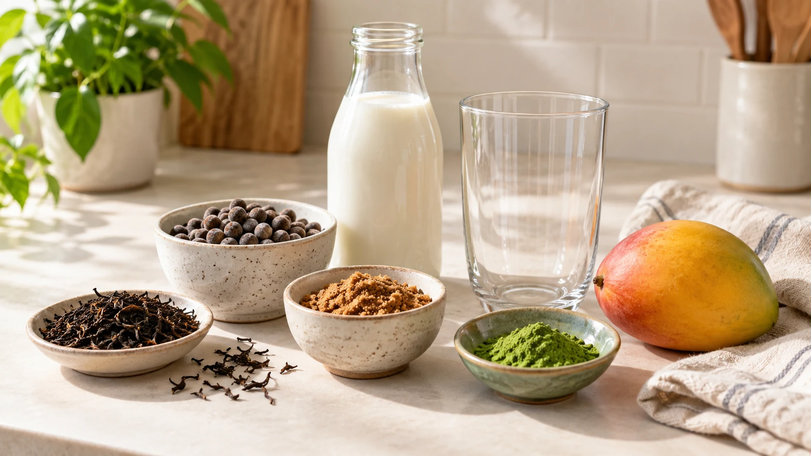Tea leaves, tapioca pearls, plain sweetener, milk, matcha, and mango arranged as one compatible pantry.