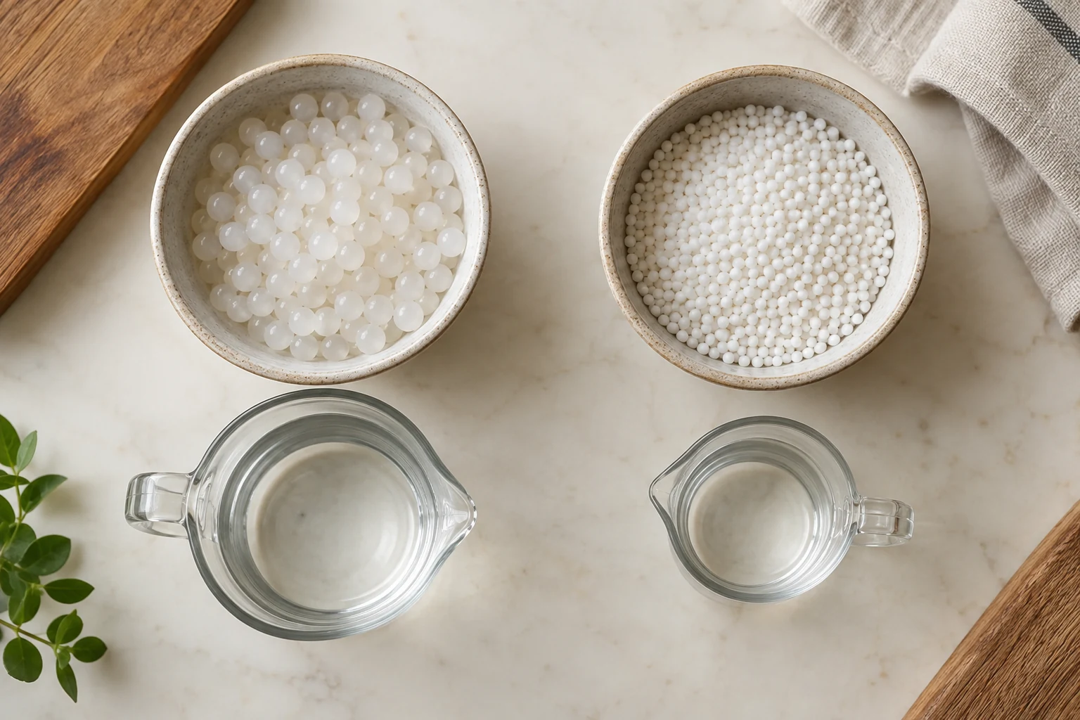 Two visually different unbranded dry pearl formats beside separate measuring bowls and timers.