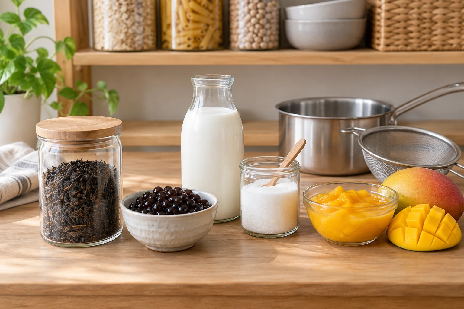 One tea, one pearl bowl, one unsweetened milk, one sweetener, and one flavor component with essential tools.